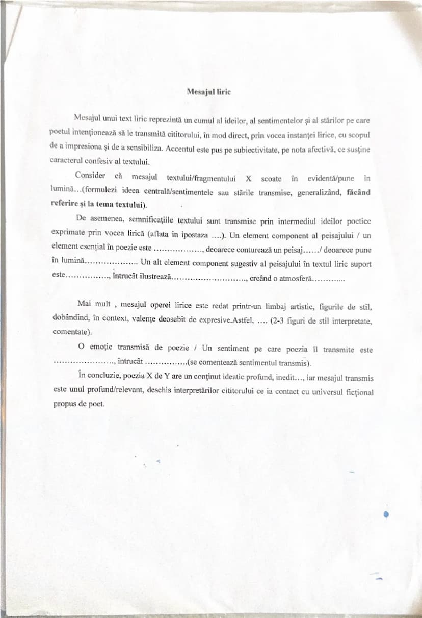 --- OCR Start ---
Mesajul liric
Mesajul unui text liric reprezintă un cumul al ideilor, al sentimentelor şi al stărilor pe care
poetul inten