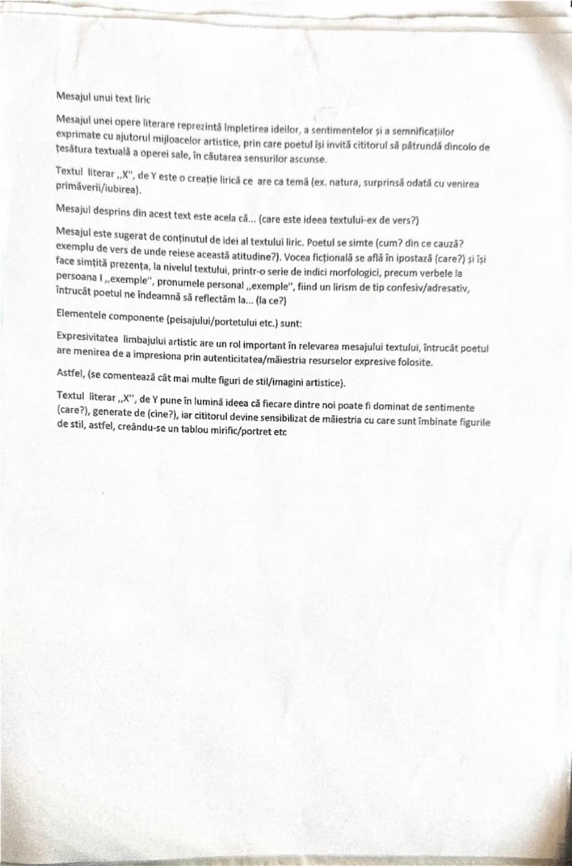 --- OCR Start ---
Mesajul liric
Mesajul unui text liric reprezintă un cumul al ideilor, al sentimentelor şi al stărilor pe care
poetul inten