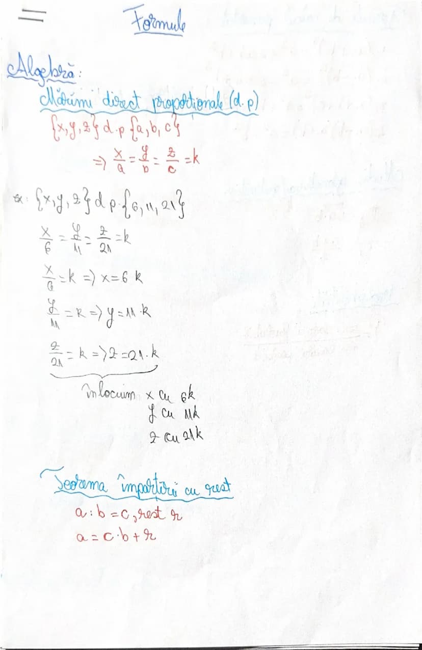 # Formule

Algebra:

Mărimi direct proporționale (d. p)
$\{x, y, z\}$ d.p $\{a, b, c\}$
$\implies \frac{x}{a} = \frac{y}{b} = \frac{z}{c} = 