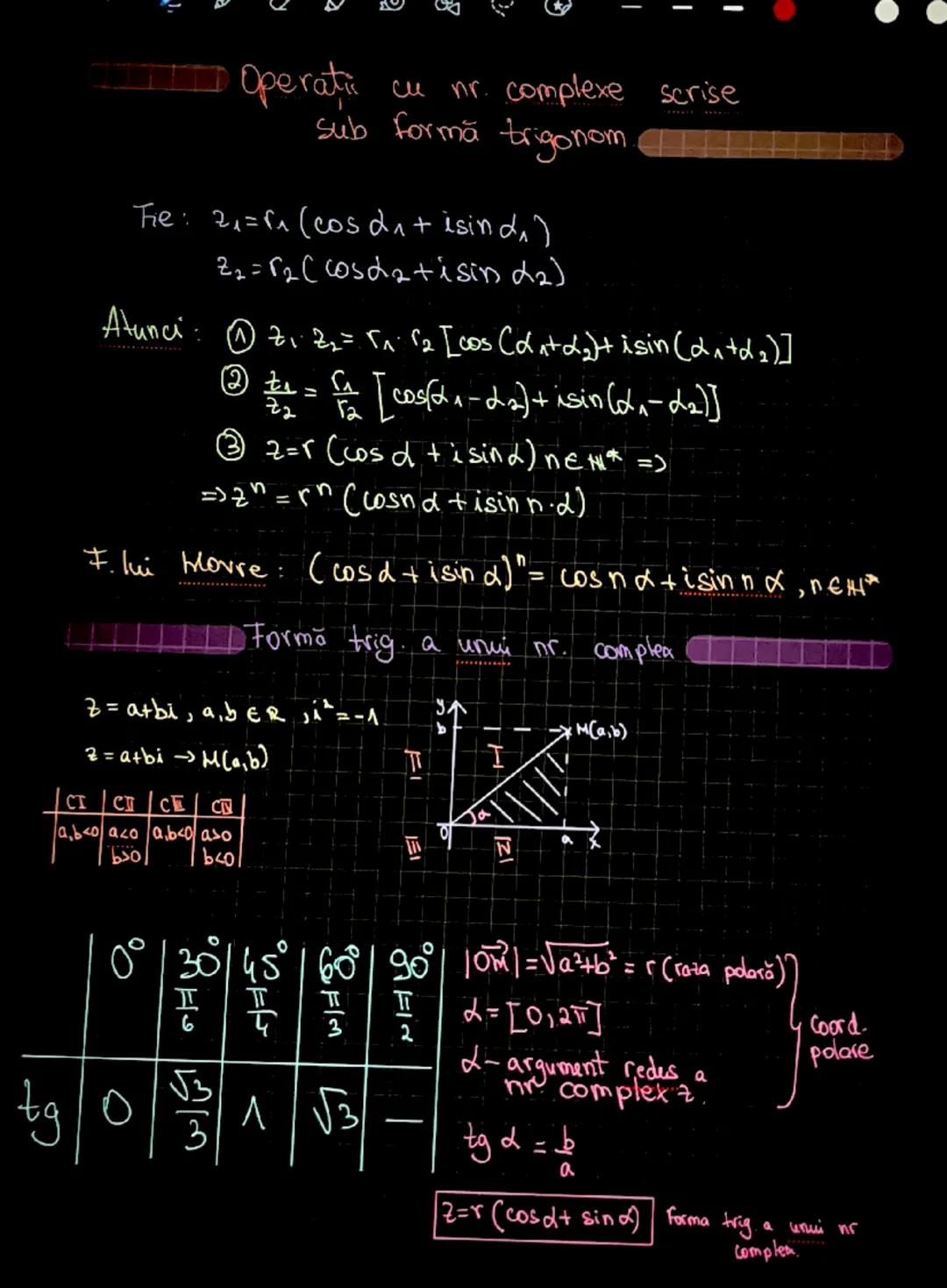 # Numere complexe

$i^2 = -1$

$C=${$z=a+bi | a,b \in R, i^2=-1$}

$Z = a+bi \in C$

$Re z$ - partea reala

$Re z = a$

$Im z$ - partea imag