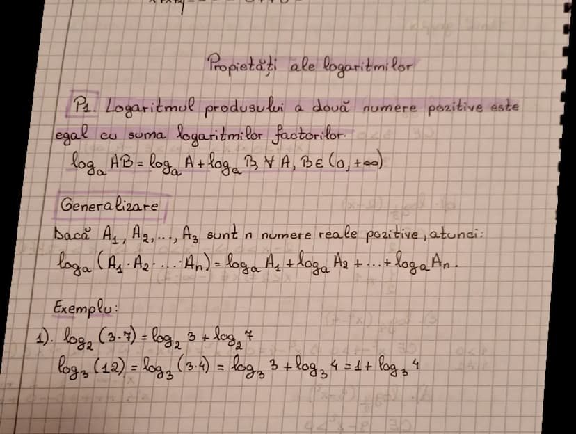# Proprietăți ale logaritmilor

# P<sub>1</sub>. Logaritmul produsului a două numere pozitive este
egal cu suma logaritmilor factorilor.
$lo