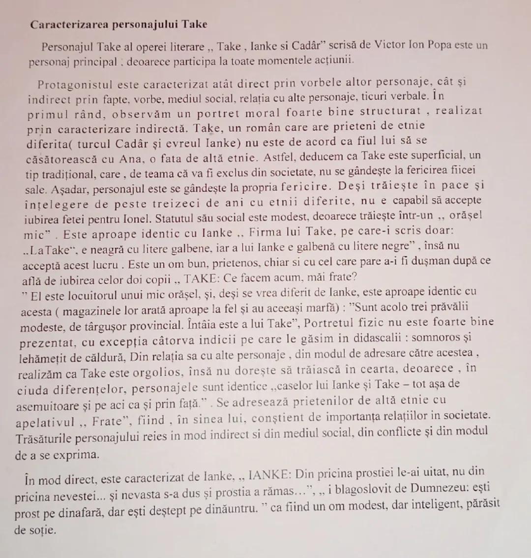# Caracterizarea personajului Take

Personajul Take al operei literare,, Take, Ianke si Cadâr" scrisă de Victor Ion Popa este un
personaj pr