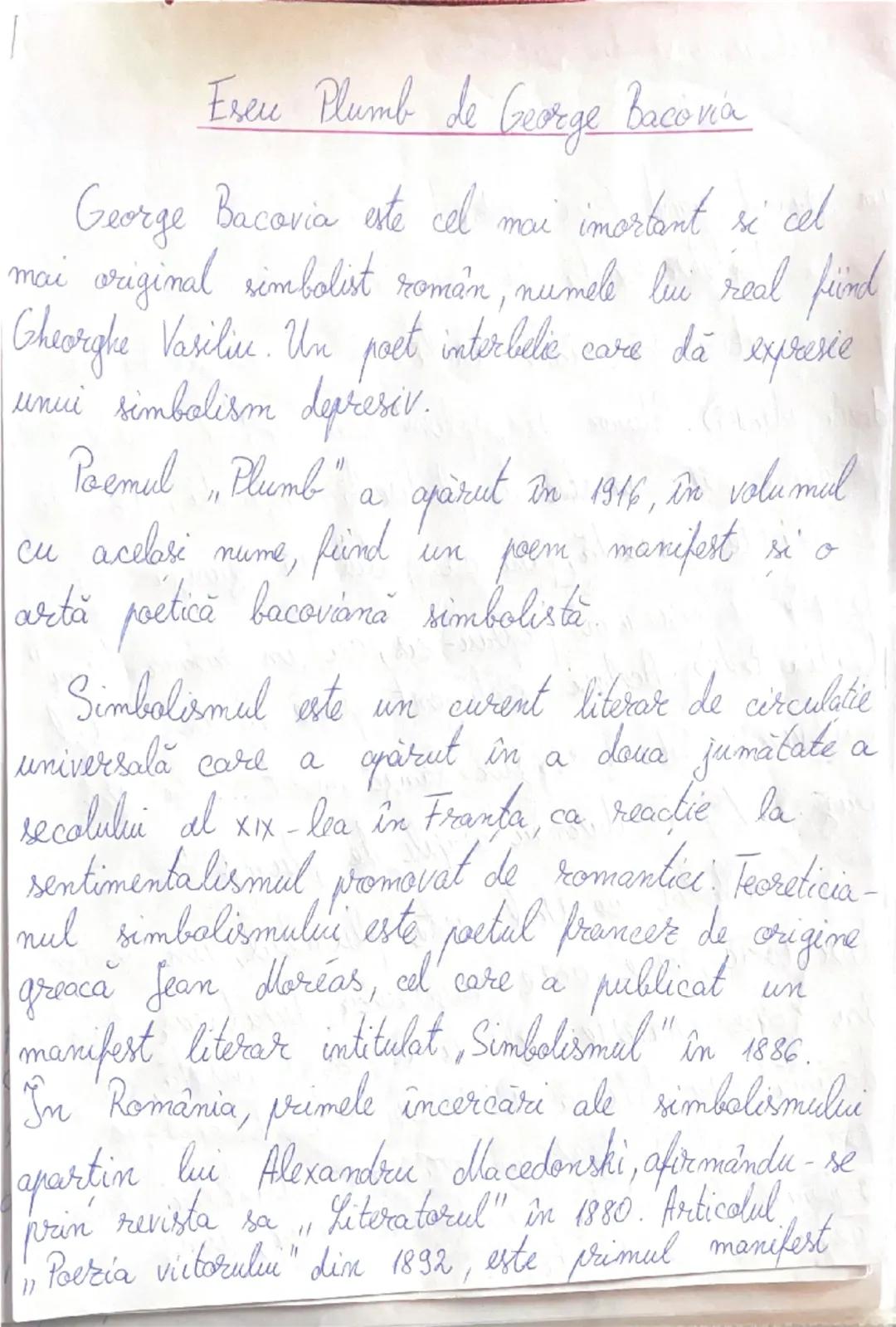 # Eseu Plumb de George Bacovia

George Bacovia este cel mai important si cel
mai original simbolist român, numele lui real fiind
Gheorghe Va