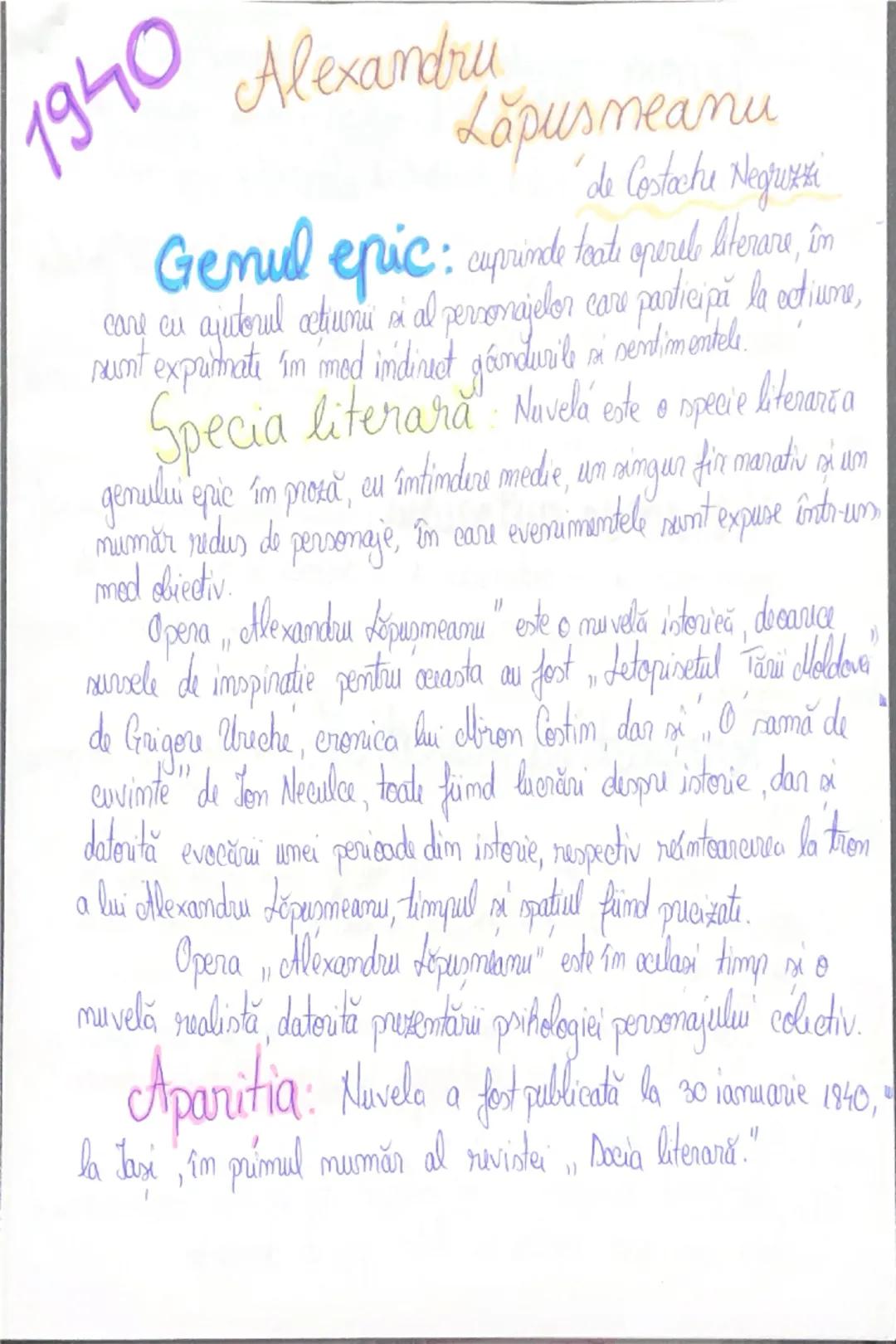 1940 Alexandru
Lapusneanu
`de Costache Negruzzi`

**Genul epic:** cuprinde toate oparel btenare, în
care cu ajutorul actiuni si al personaje