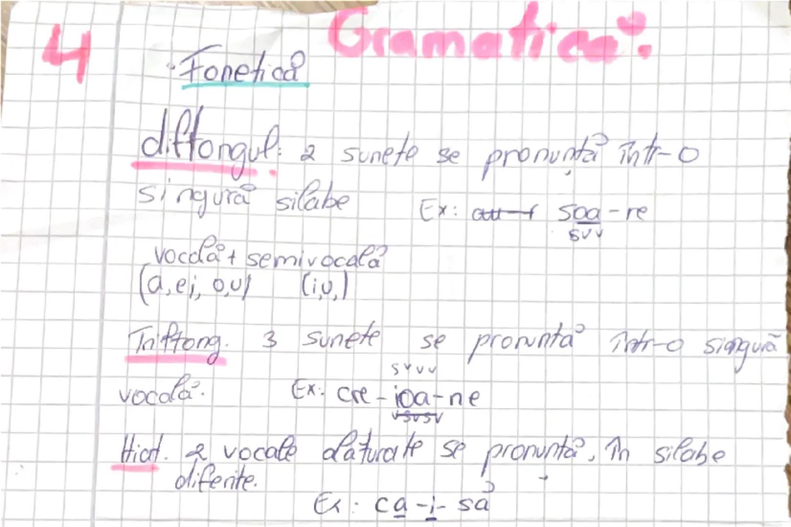 4
•Fonetica Gramatica?
diftongul: 2 sunete se pronunta intr-o
singură silabe  Ex: aut soa-re
vocala+ semivocala
(a, ei, ou) (iu,)
Triftong. 