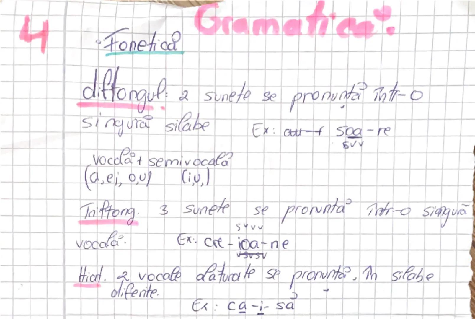 4
•Fonetica Gramatica?
diftongul: 2 sunete se pronunta intr-o
singură silabe  Ex: aut soa-re
vocala+ semivocala
(a, ei, ou) (iu,)
Triftong. 