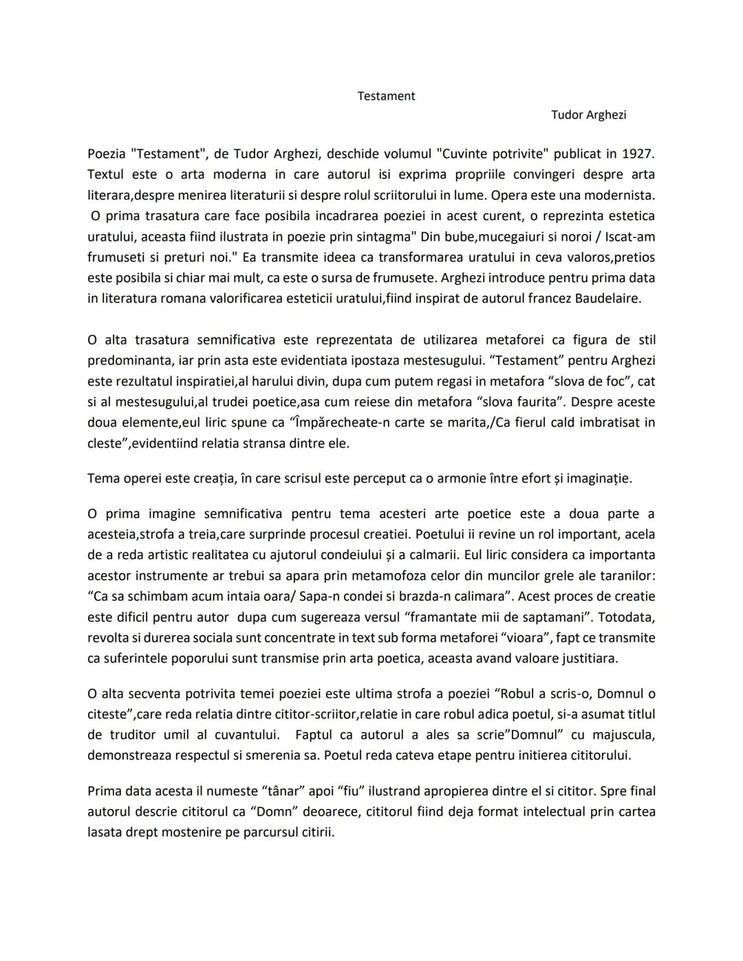 --- OCR Start ---
Testament
Tudor Arghezi
Poezia "Testament", de Tudor Arghezi, deschide volumul "Cuvinte potrivite" publicat in 1927.
Textu