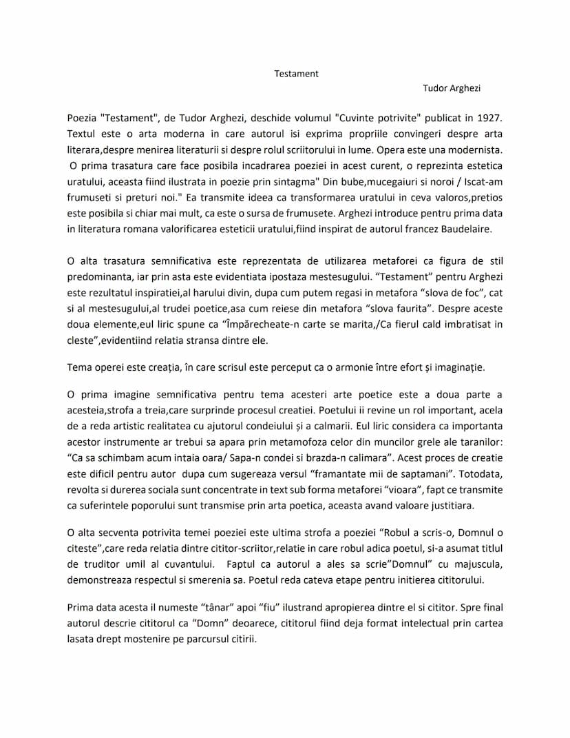 --- OCR Start ---
Testament
Tudor Arghezi
Poezia "Testament", de Tudor Arghezi, deschide volumul "Cuvinte potrivite" publicat in 1927.
Textu