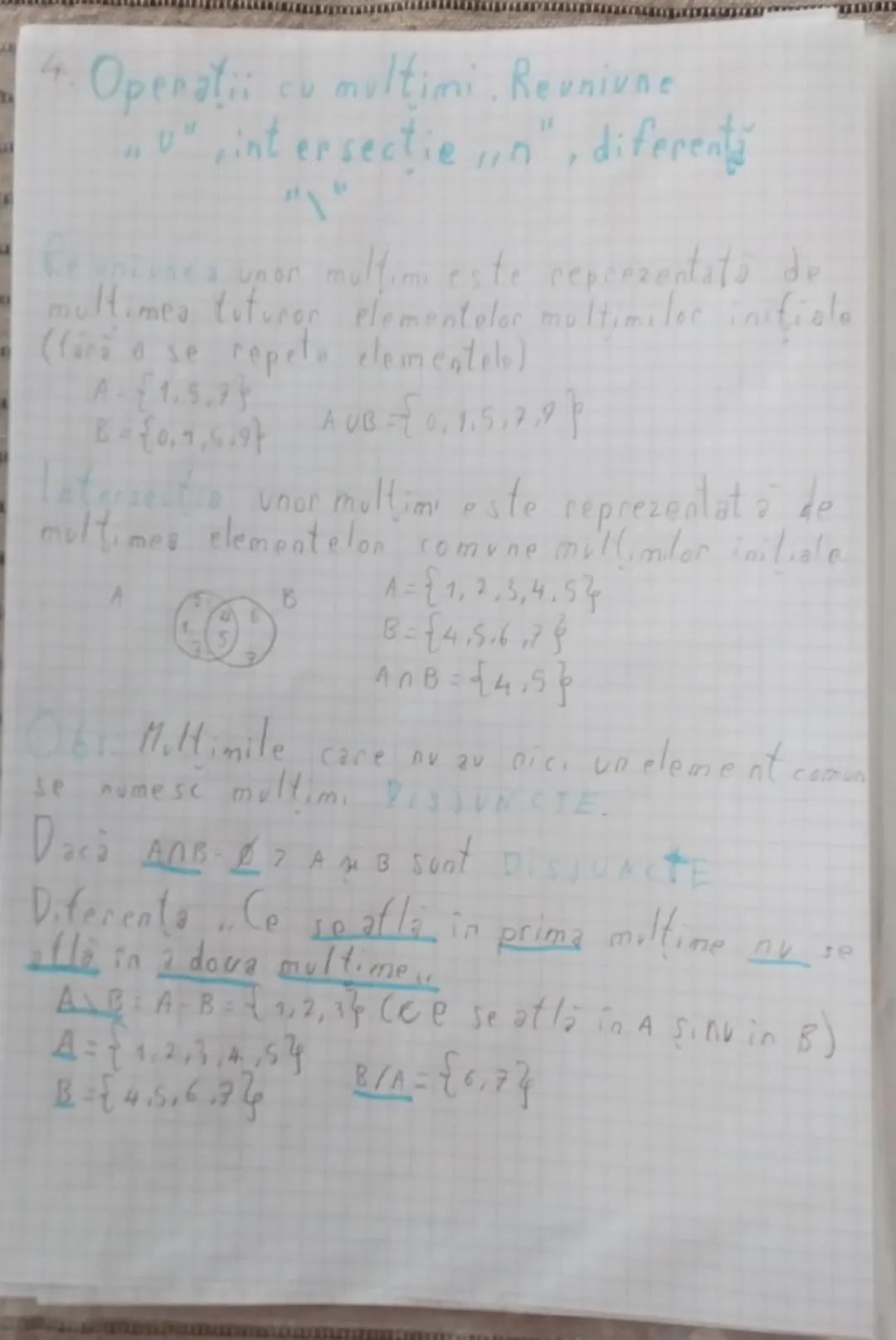 ## 4. Operații cu mulțimi. Reuniune
"U", intersecție "∩", diferență

Reuniunea unor mulțimi este reprezentată de
mulțimea tuturor elementelo