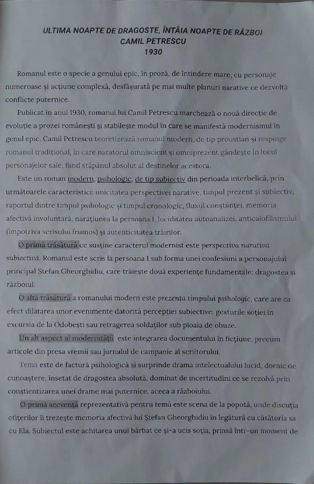 Ultima noapte - Eseu și Caracteristici Romanului Psihologic