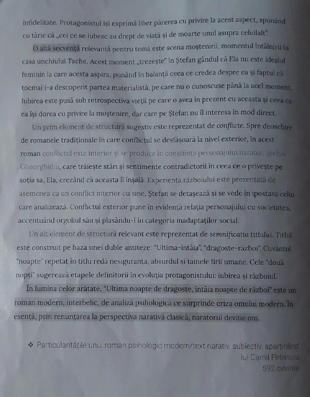 # ULTIMA NOAPTE DE DRAGOSTE, ÎNTÂIA NOAPTE DE RĂZBOI
CAMIL PETRESCU
1930

Romanul este o specie a genului epic, în proză, de întindere mare,