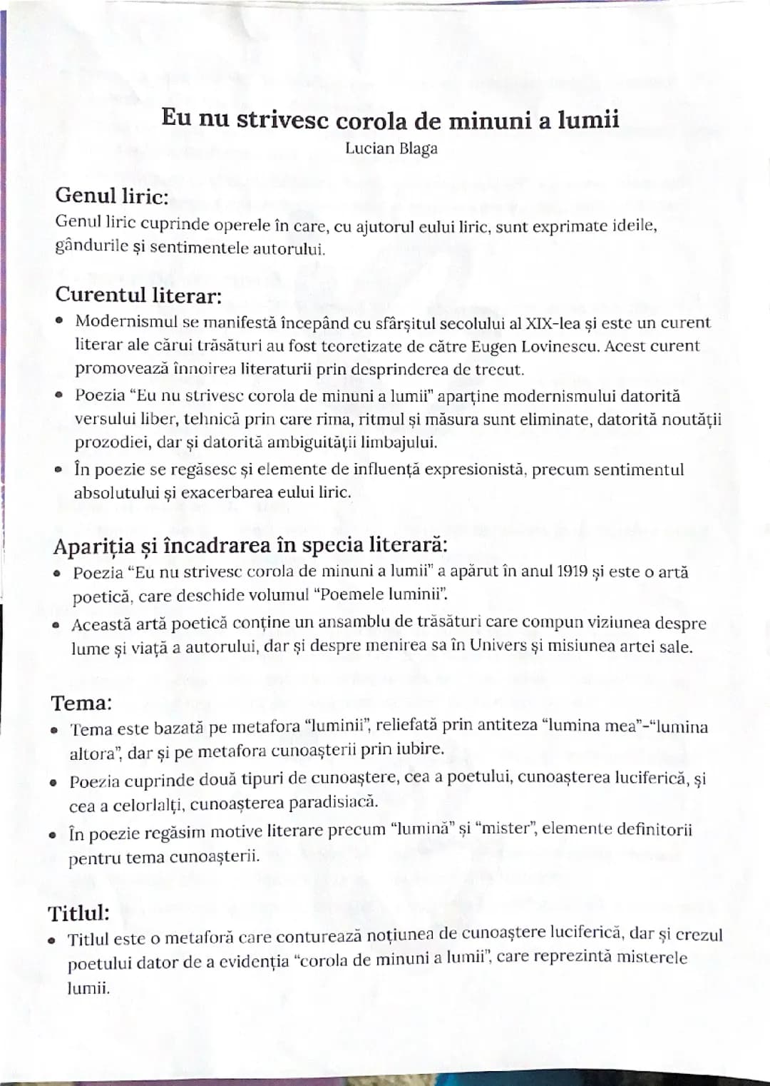 Eu nu strivesc corola de minuni a lumii