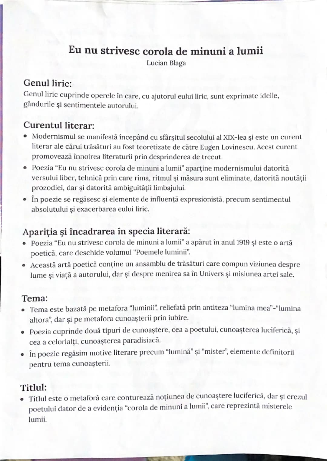 --- OCR Start ---
Eu nu strivesc corola de minuni a lumii
Lucian Blaga
Genul liric:
Genul liric cuprinde operele în care, cu ajutorul eului 