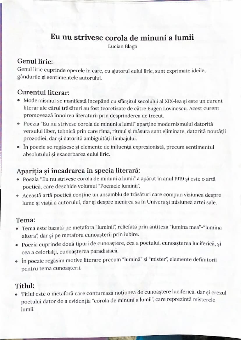 --- OCR Start ---
Eu nu strivesc corola de minuni a lumii
Lucian Blaga
Genul liric:
Genul liric cuprinde operele în care, cu ajutorul eului 