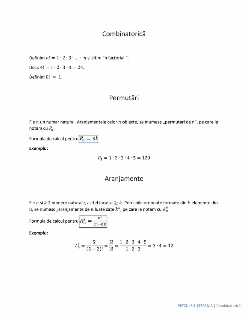 # Combinări

Fie n si k 2 numere naturale, astfel incat $n \ge k$. Perechile neordonate formate din k elemente
din n, se numesc "combinari d