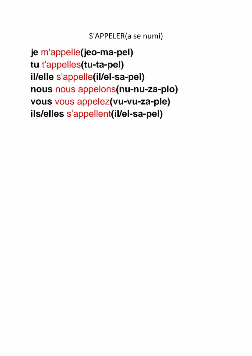 --- OCR Start ---
S'APPELER(a se numi)
je m'appelle(jeo-ma-pel)
tu t'appelles(tu-ta-pel)
il/elle s'appelle(il/el-sa-pel)
nous nous appelons(