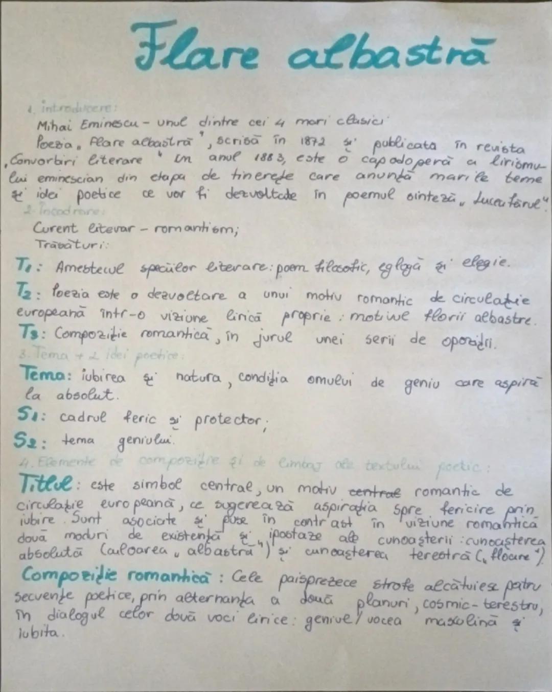 # Flare albastră

1. Introducere:
Mihai Eminescu - unul dintre cei 4 mari clasici;
poezia "Flare albastră" scrisă în 1872 și publicată în re