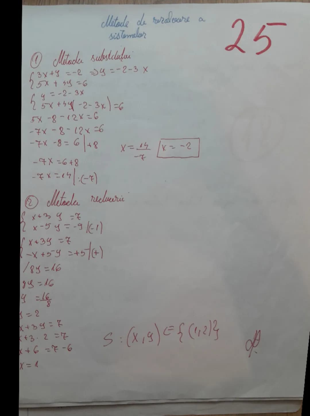Metode de rerdeure
sistemelor
a
25
Metoda subestclufui
{3x+42=4=-2-3×
25x+44-2-3x)=6
5X-8-124-6
-7x-8-12x=6
-7X-8=6/+8
X=$\frac{14}{-7}$ X=-