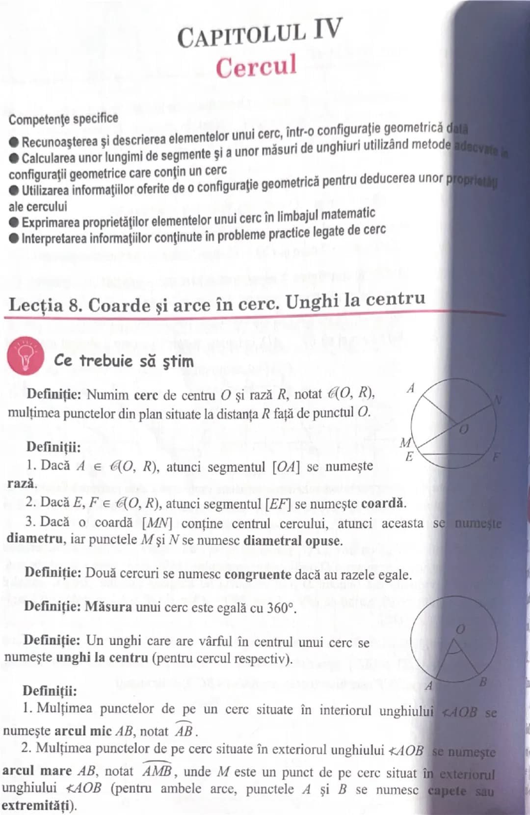 --- OCR Start ---
Competenţe specifice
CAPITOLUL IV
Cercul
• Recunoaşterea şi descrierea elementelor unui cerc, într-o configuraţie geometri
