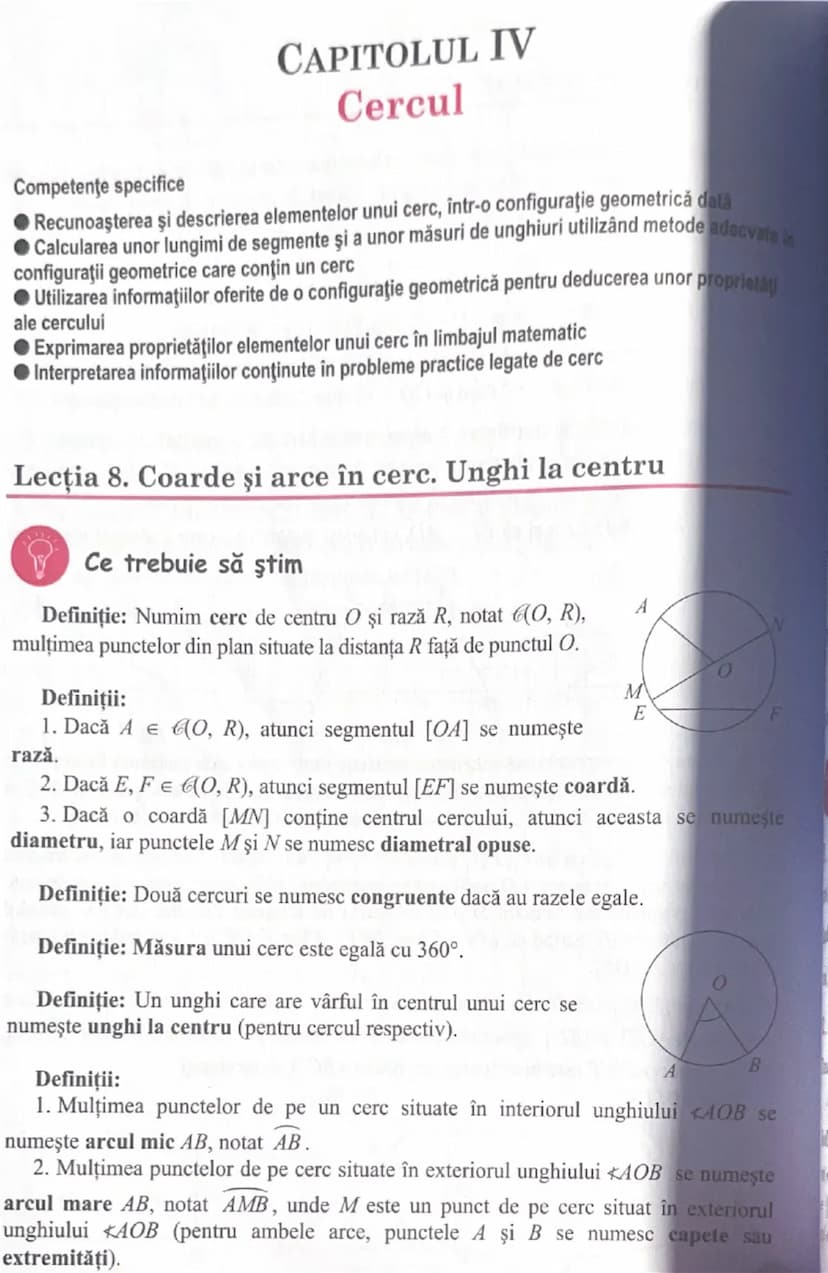 --- OCR Start ---
Competenţe specifice
CAPITOLUL IV
Cercul
• Recunoaşterea şi descrierea elementelor unui cerc, într-o configuraţie geometri