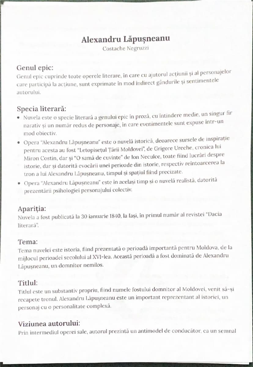 # Alexandru Lăpuşneanu
Costache Negruzzi

# Genul epic:
Genul epic cuprinde toate operele literare, în care cu ajutorul acțiunii şi al perso