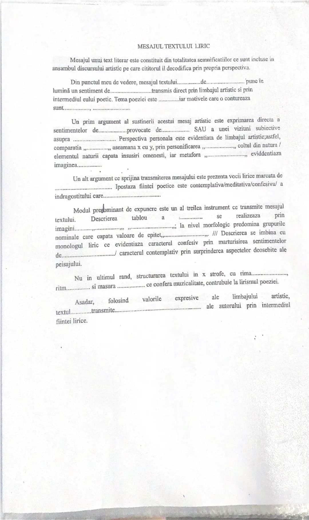 Mesajul textului liric 