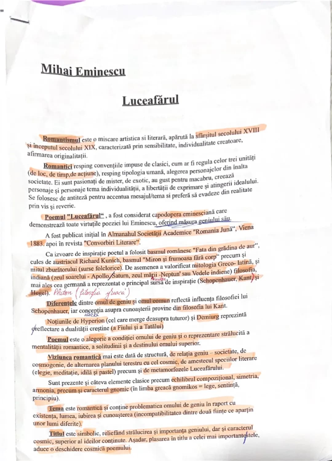 # Mihai Eminescu

Luceafărul

Romantismul este o miscare artistica si literară, apărută la sfârşitul secolului XVIII
și începutul secolului 