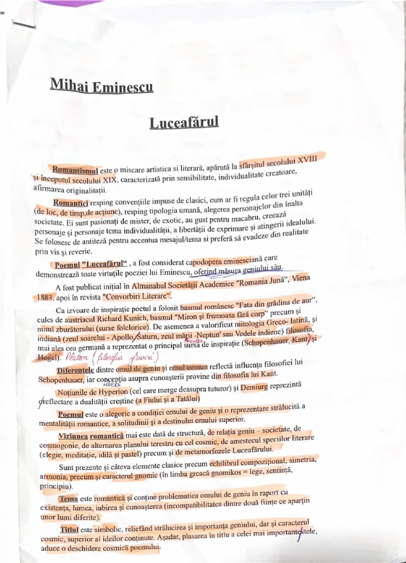 # Mihai Eminescu

Luceafărul

Romantismul este o miscare artistica si literară, apărută la sfârşitul secolului XVIII
și începutul secolului 