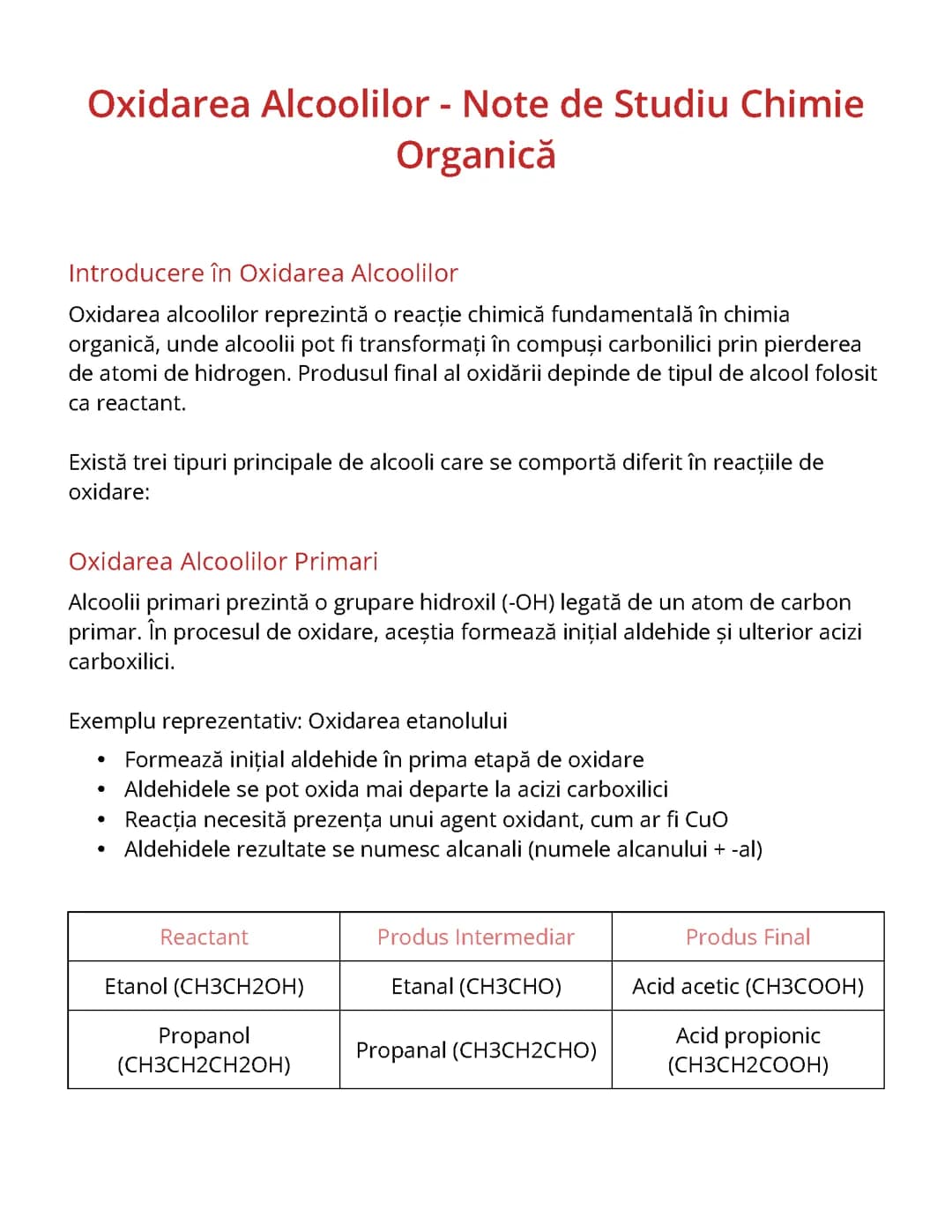 Oxidarea Alcoolilor - Note de Studiu Chimie Organică