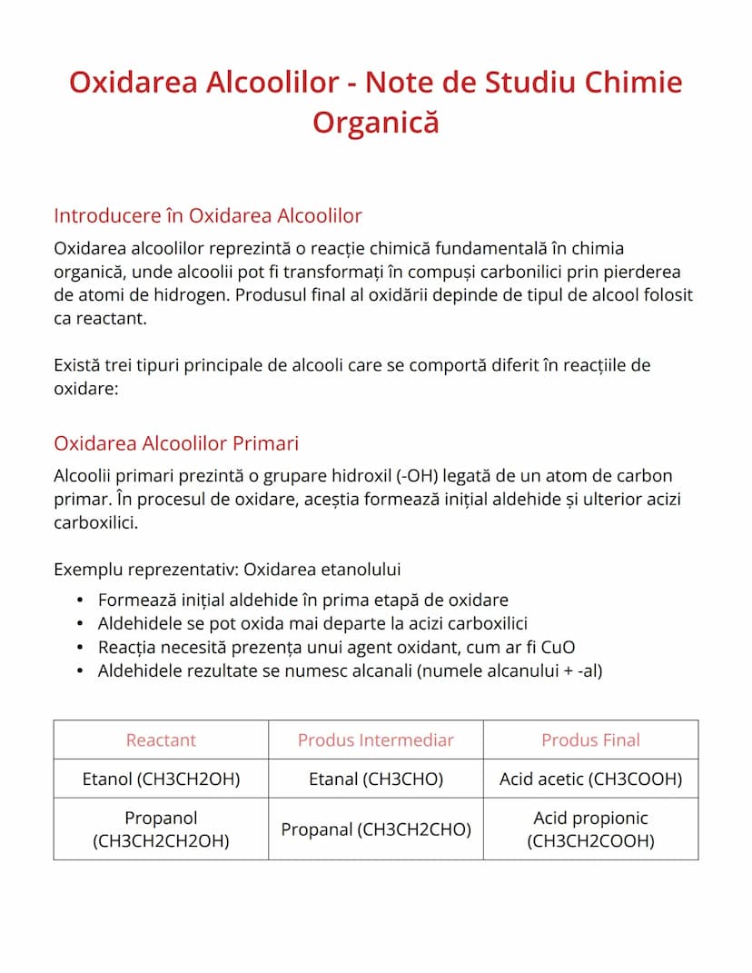 # Oxidarea Alcoolilor - Note de Studiu Chimie
Organică

Introducere în Oxidarea Alcoolilor

Oxidarea alcoolilor reprezintă o reacţie chimică