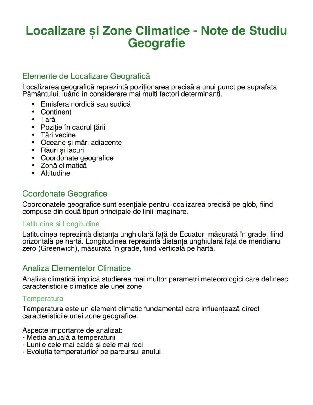 # Localizare și Zone Climatice - Note de Studiu
Geografie

# Elemente de Localizare Geografică
Localizarea geografică reprezintă poziționare