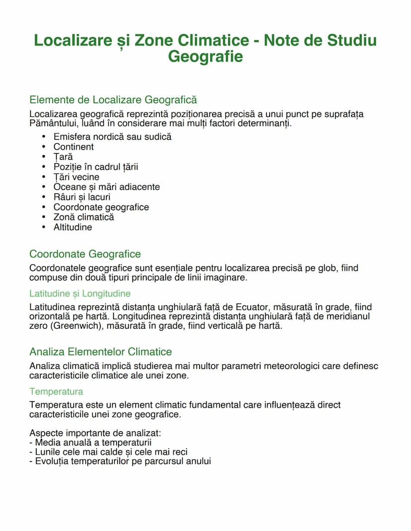 # Localizare și Zone Climatice - Note de Studiu
Geografie

# Elemente de Localizare Geografică
Localizarea geografică reprezintă poziționare
