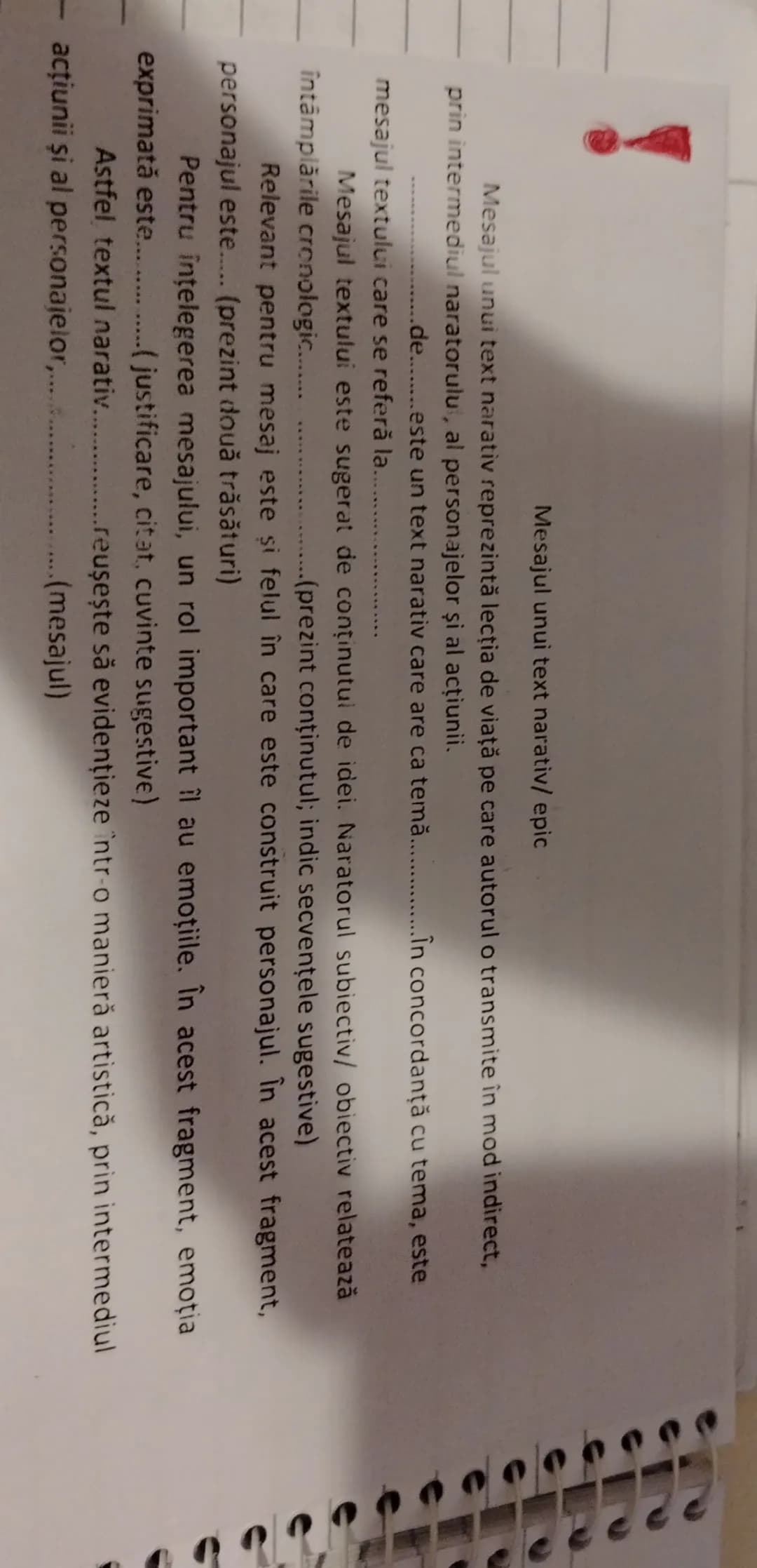 Mesajul unui text narativ/epic
Mesajul unui text narativ reprezintă lecția de viață pe care autorul o transmite în mod indirect,
prin interm