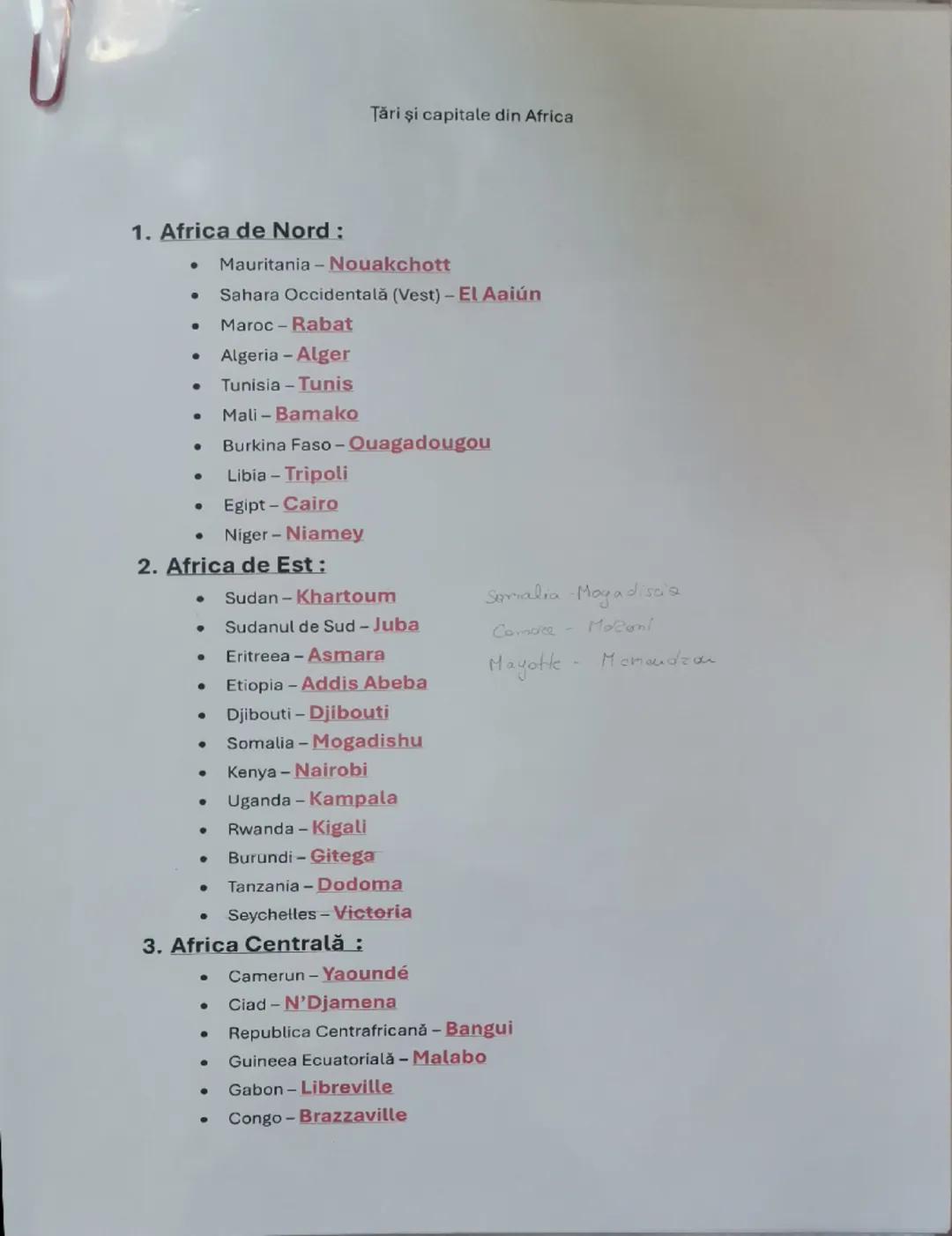 Ţări şi capitale din Africa

1. Africa de Nord :
*   Mauritania - Nouakchott
*   Sahara Occidentală (Vest) - El Aaiún
*   Maroc - Rabat
*   