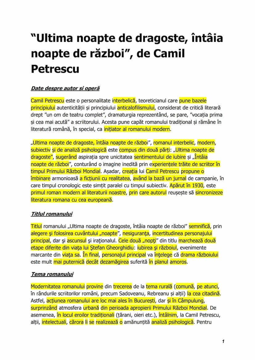 # "Ultima noapte de dragoste, întâia
noapte de război”, de Camil
Petrescu

Date despre autor si operă

Camil Petrescu este o personalitate i