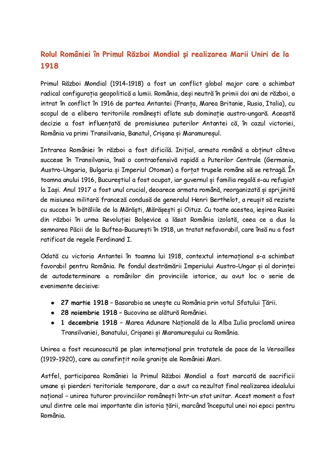 Rolul României în Primul Război Mondial și realizarea Marii Uniri de la 1918
