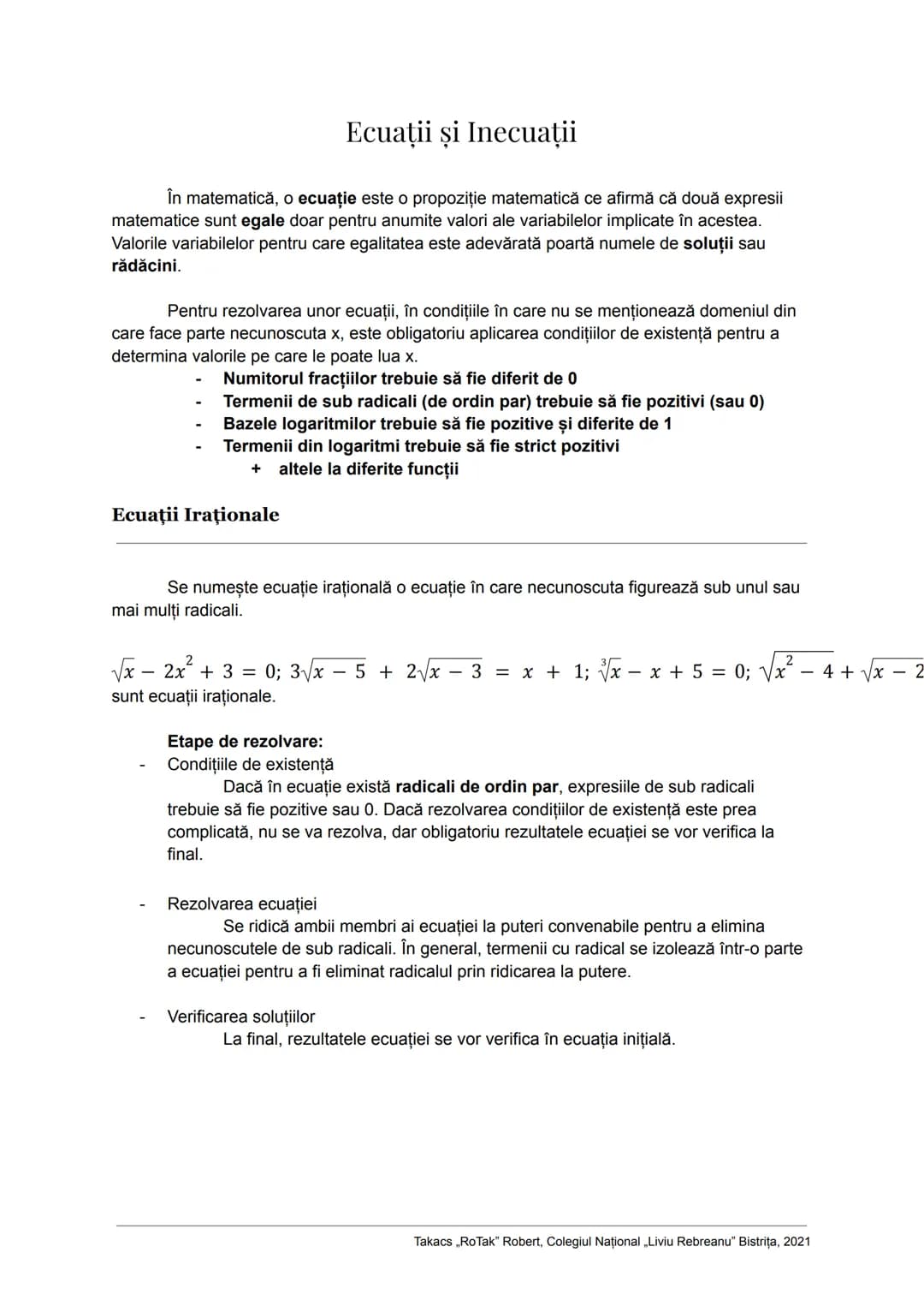 # Ecuații și Inecuații

În matematică, o ecuație este o propoziție matematică ce afirmă că două expresii
matematice sunt egale doar pentru a
