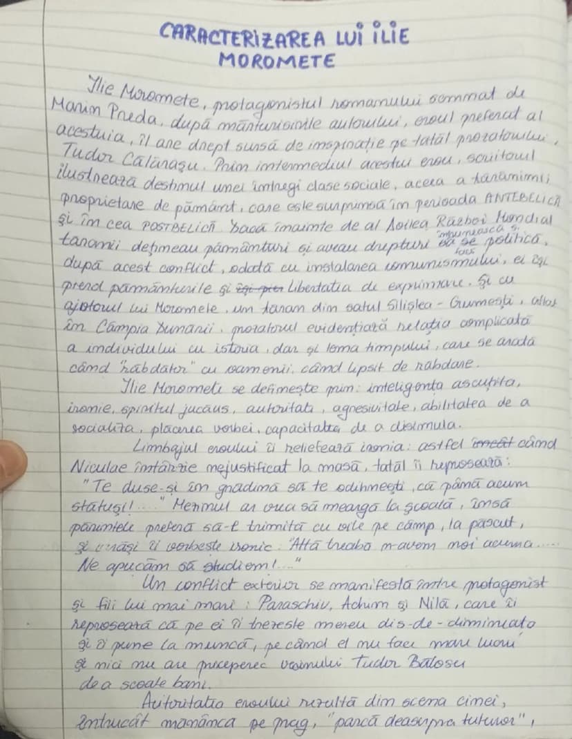 # CARACTERIZAREA LUI ILIE
MOROMETE

Ilie Moromete, protagonistul romanului semnat de
Marin Preda, după mărturiile autorului, eroul preferat 