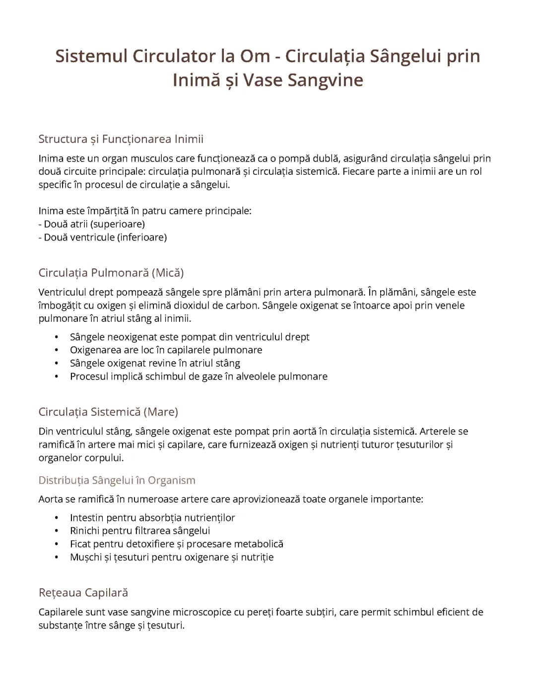 Sistemul Circulator la Om - Circulația Sângelui prin Inimă și Vase Sangvine