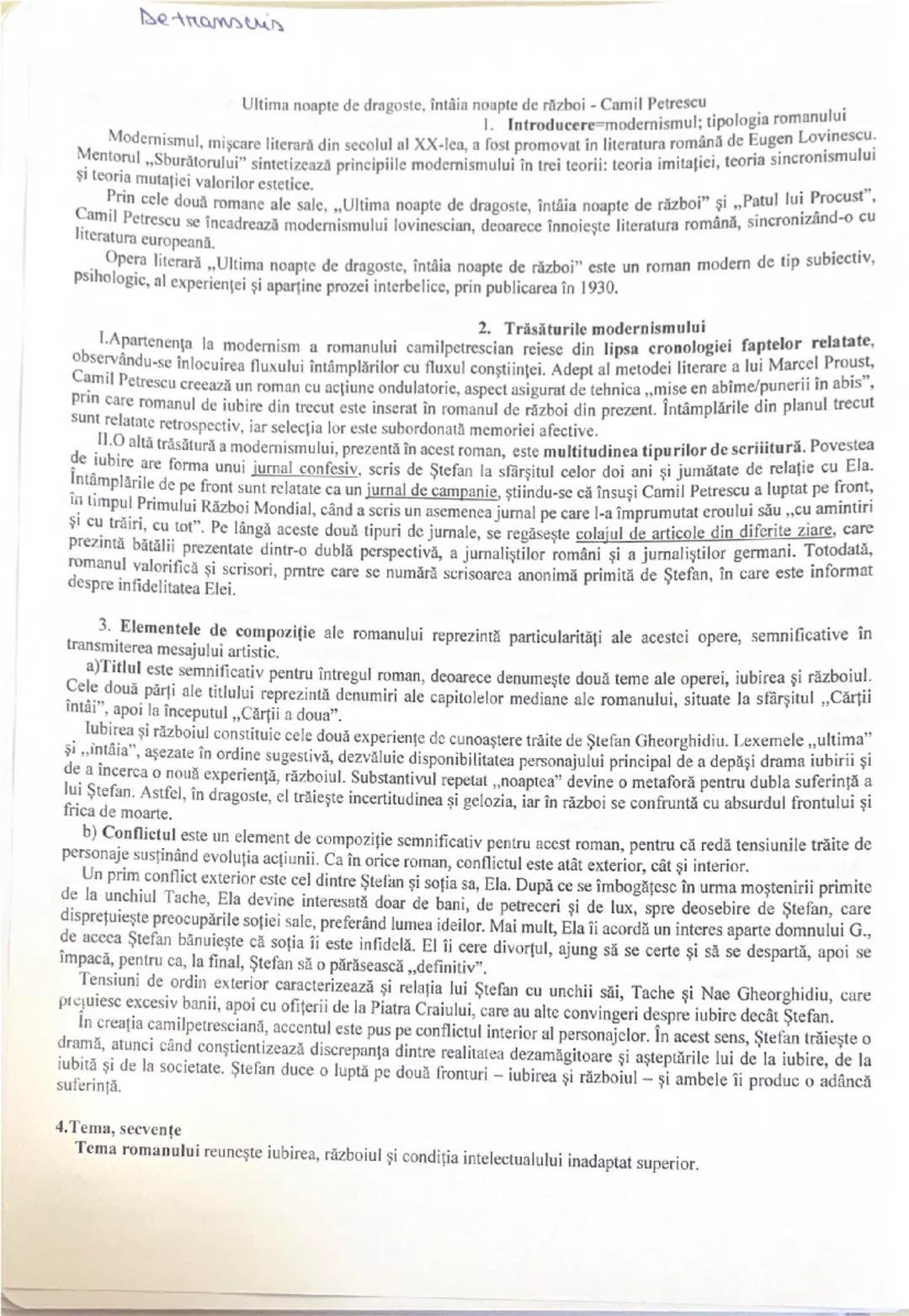 # De transcris

Ultima noapte de dragoste, întâia noapte de război - Camil Petrescu

1. Introducere
Modernismul, mişcare literară din secolu