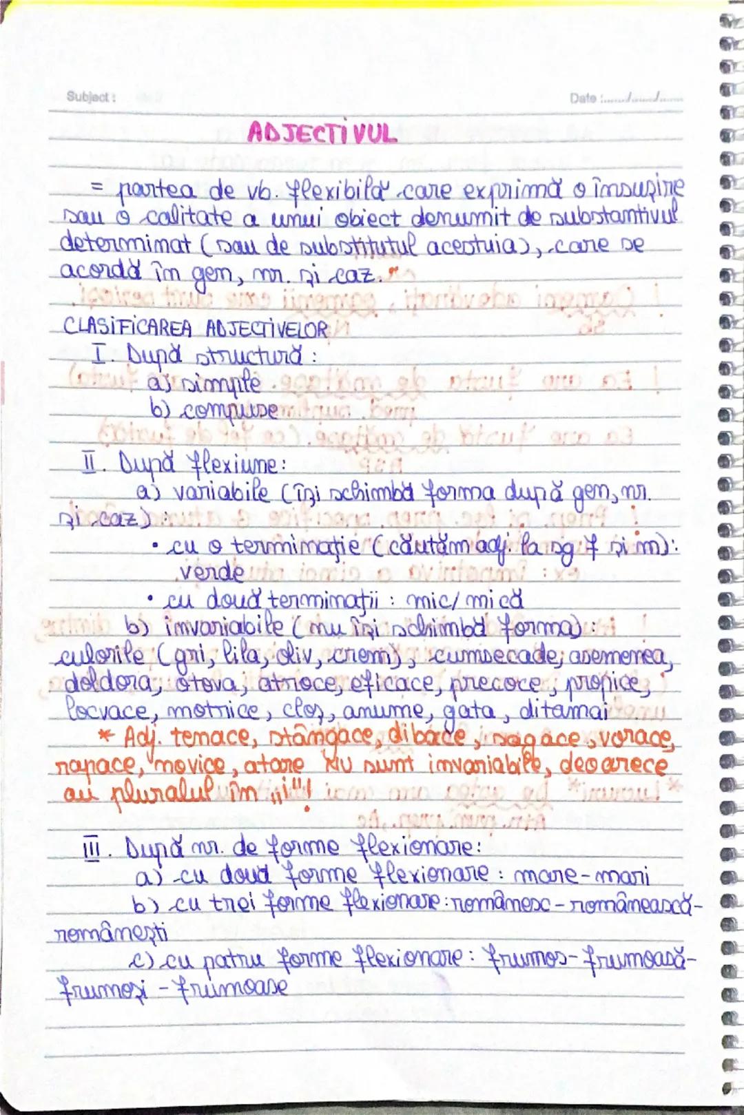 Subject:

ADJECTIVUL

Dated

=
partea de vb. flexibila care exprimă o însuşine
sau o calitate a unui obiect denumit de substantivul
determin