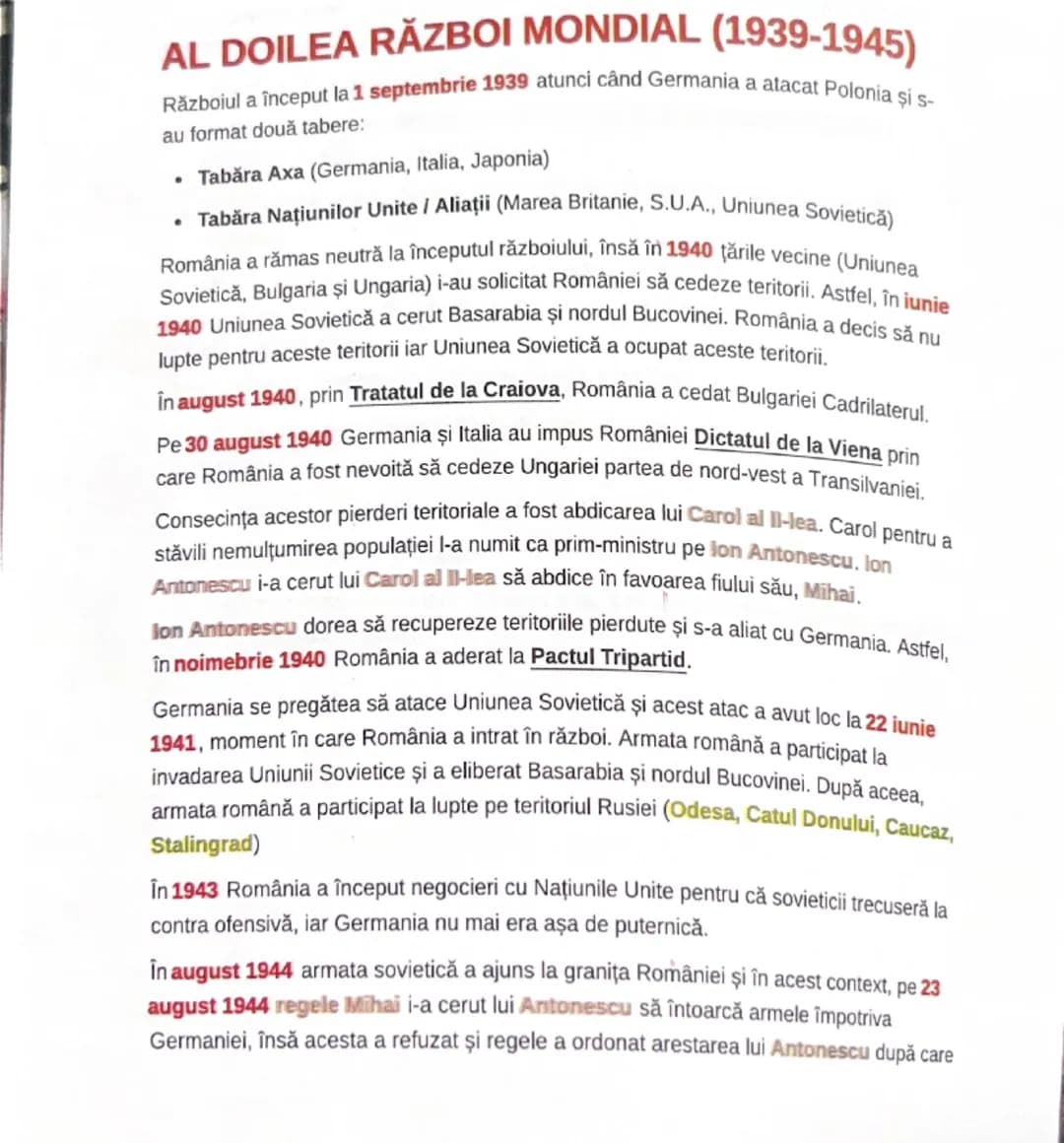 # AL DOILEA RĂZBOI MONDIAL (1939-1945)
Războiul a început la 1 septembrie 1939 atunci când Germania a atacat Polonia şi s-
au format două ta
