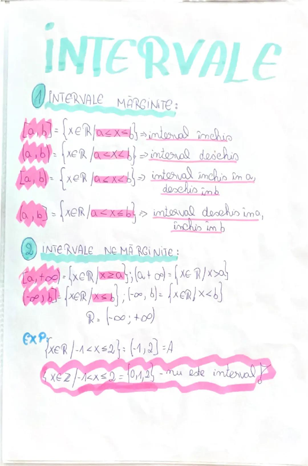--- OCR Start ---
INTERVALE
INTERVALE MÄRGINITE:
[a, b]=[xeR/a<x=b} interval închis
(a,b)= (xER/a<x<b} internal deschis
[a, b) = {xer/a<x<b}