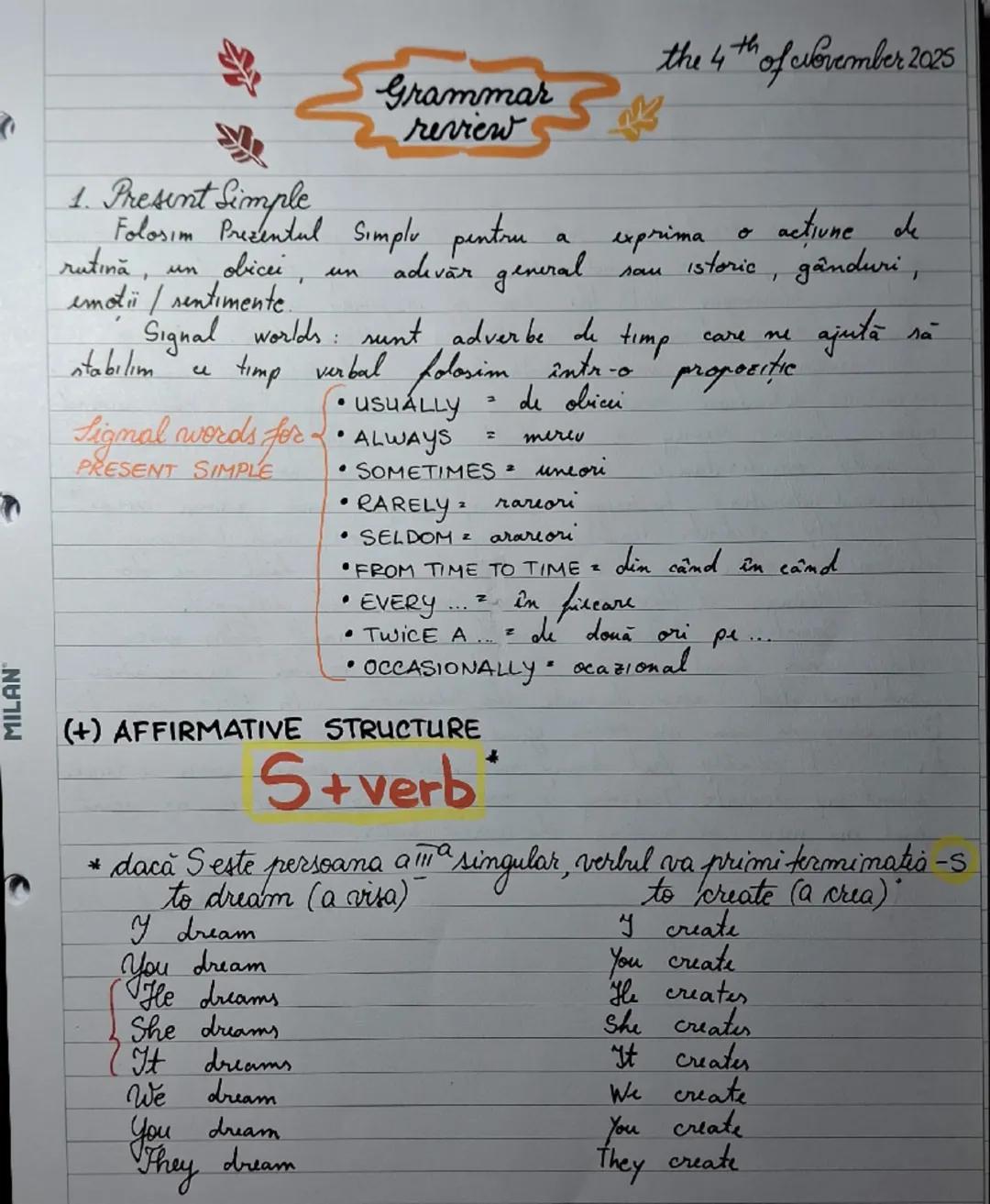 Grammar
review
the 4th of clovember 2025

1. Present Simple
Folosim Prezentul Simplu pentru a exprima o actiune de
rutină, un obicei, un ade