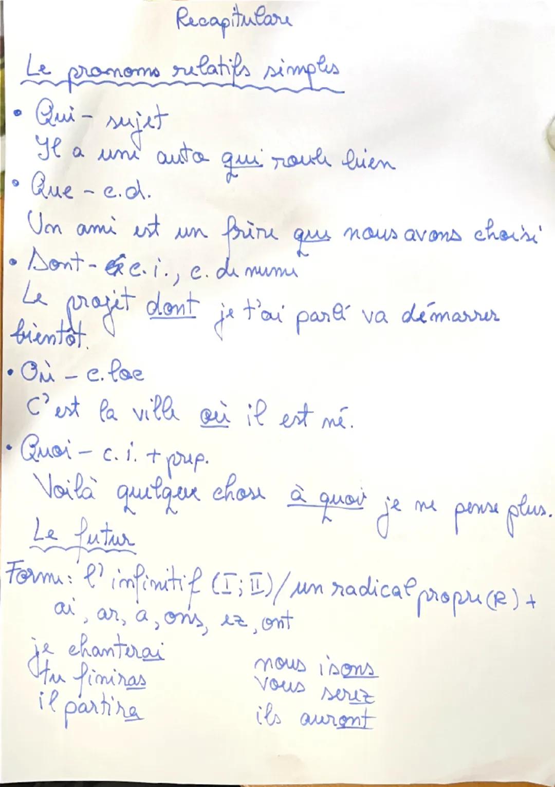 Recapitulare

Le pronoms relatifs simples
- Qui - sujet
Ye a une auto qui rouh lien
- Que-c.d.
Un ami est un frire qus nous avons choisi
- D