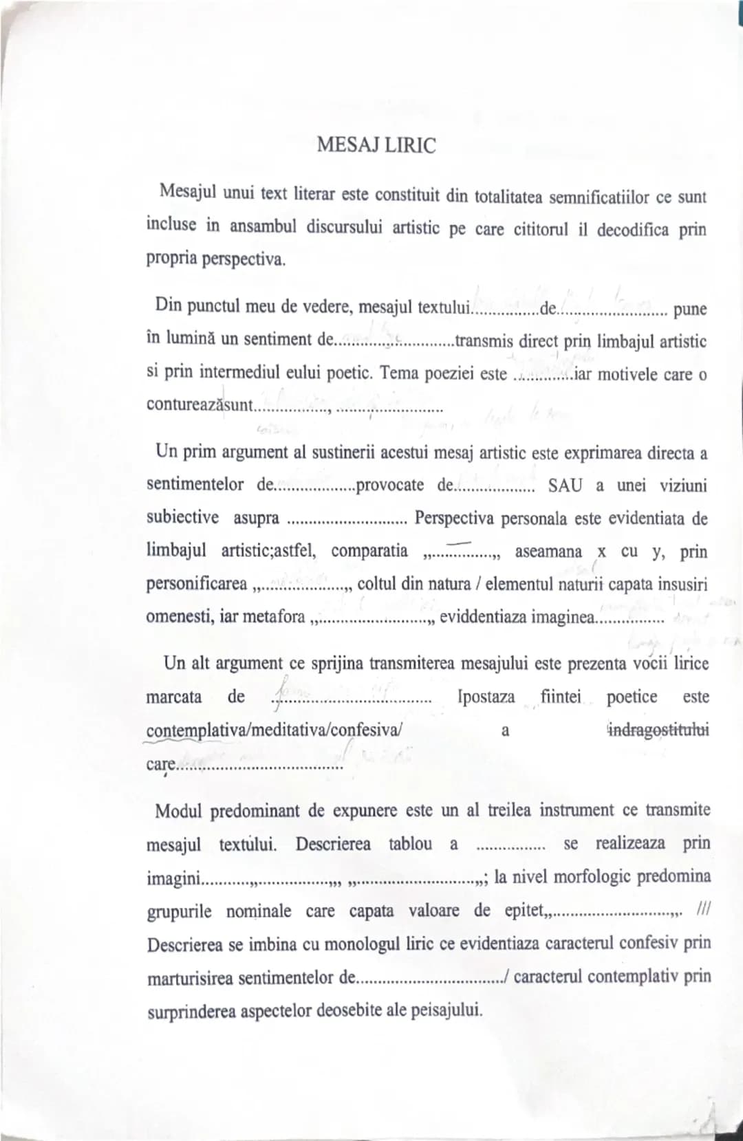 --- OCR Start ---
MESAJ LIRIC
Mesajul unui text literar este constituit din totalitatea semnificatiilor ce sunt
incluse in ansambul discursu