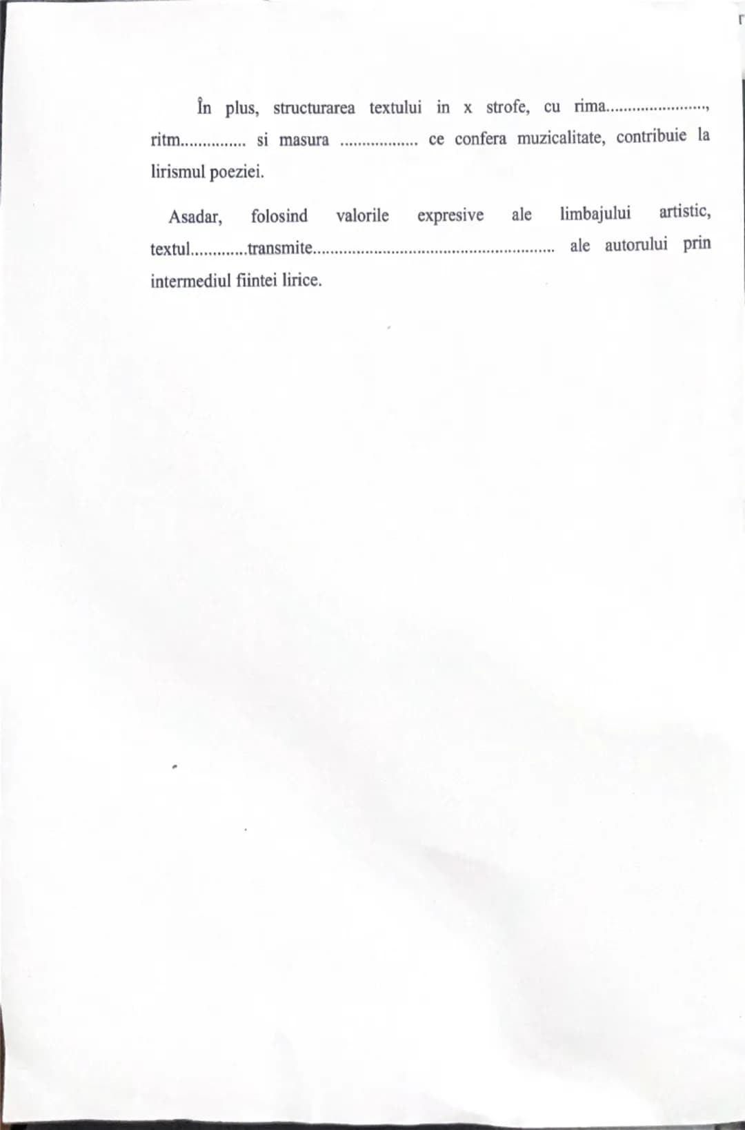 --- OCR Start ---
MESAJ LIRIC
Mesajul unui text literar este constituit din totalitatea semnificatiilor ce sunt
incluse in ansambul discursu