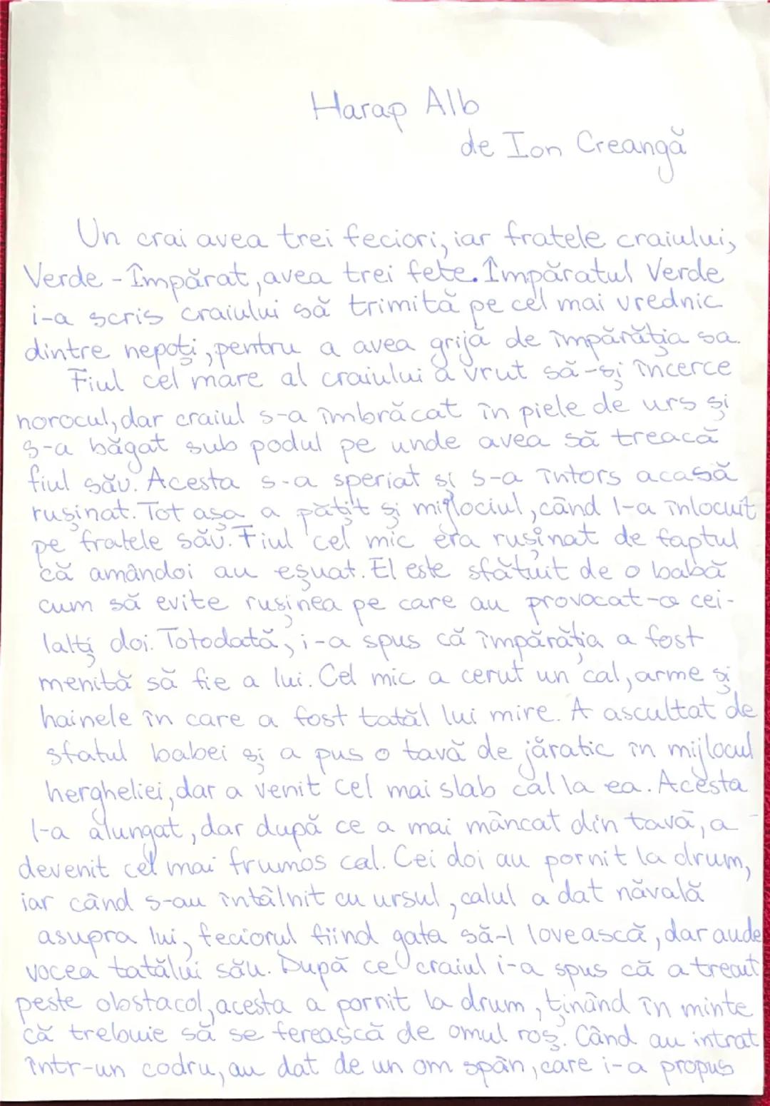 # Harap Alb

de Ion Creangă

Un crai avea trei feciori, iar fratele craiului,
Verde - Împărat, avea trei fete. Împăratul Verde
i-a scris cra
