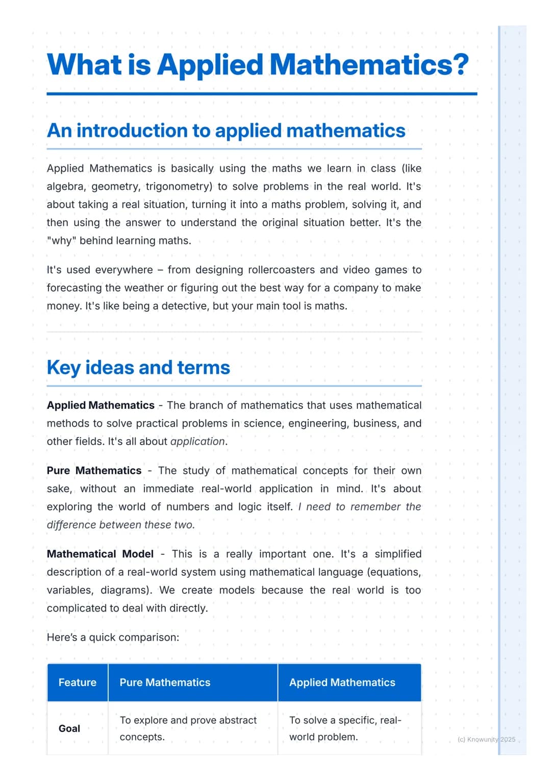 # What is Applied Mathematics?

An introduction to applied mathematics

Applied Mathematics is basically using the maths we learn in class (