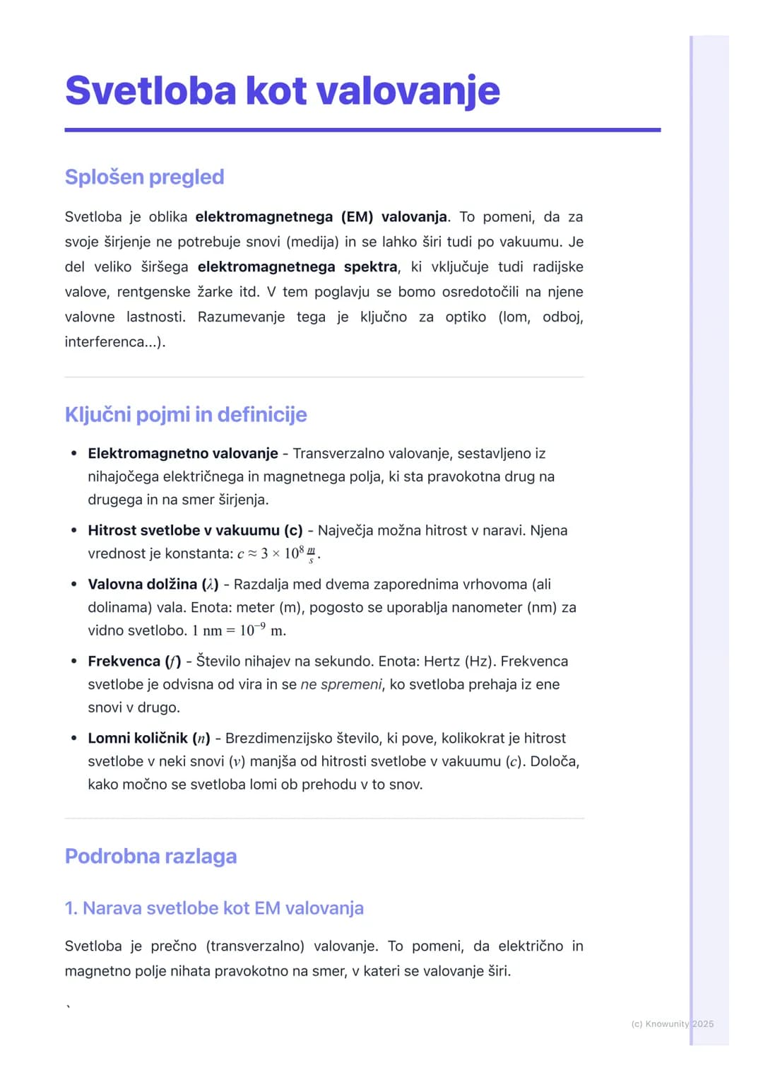 # Svetloba kot valovanje

Splošen pregled

Svetloba je oblika elektromagnetnega (EM) valovanja. To pomeni, da za
svoje širjenje ne potrebuje
